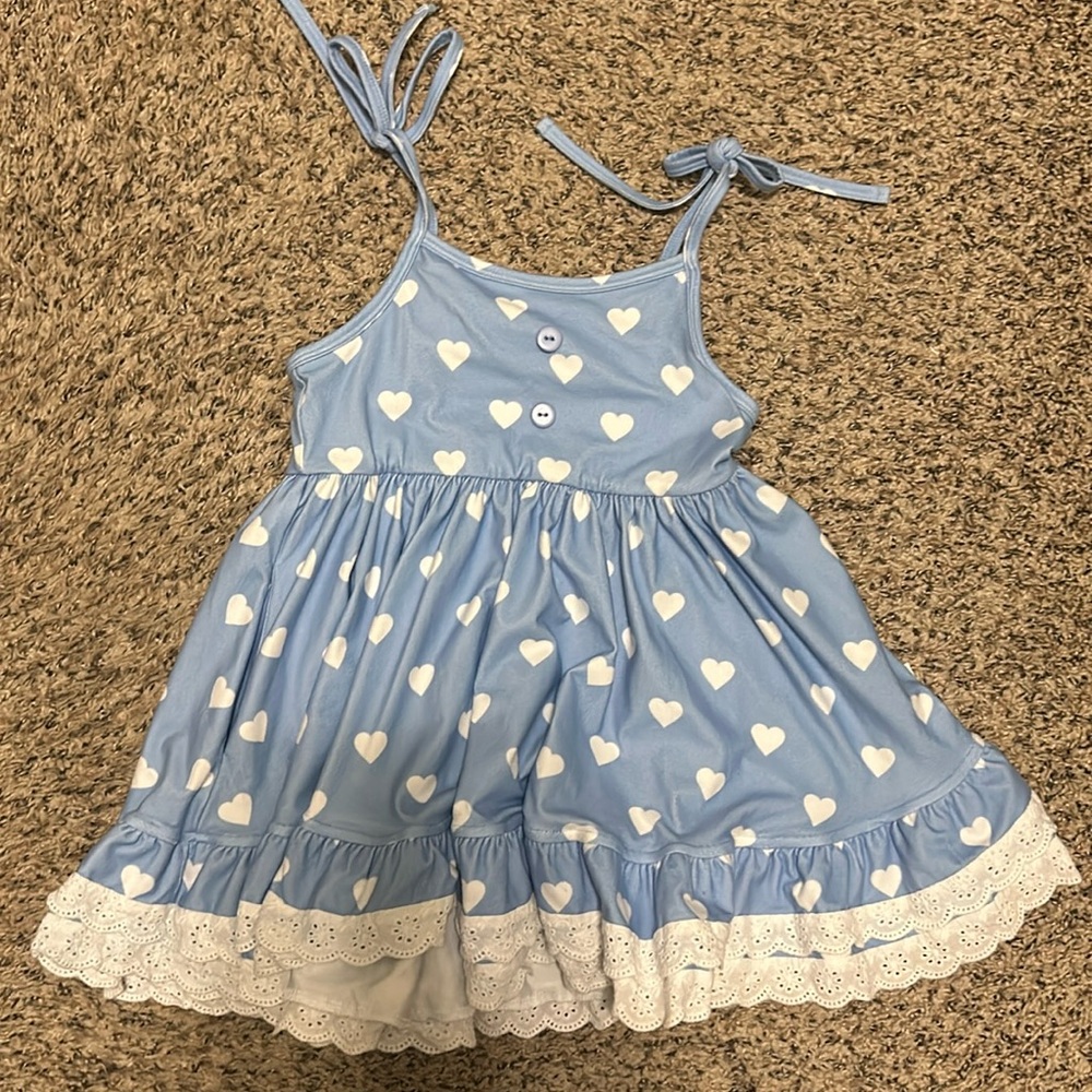Jane & Jo girls size 7Y adorable blue & white hearts ruffle tunic with lace